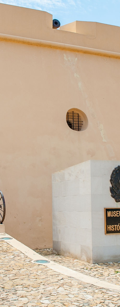 Historic fort entrance with statue and cannons