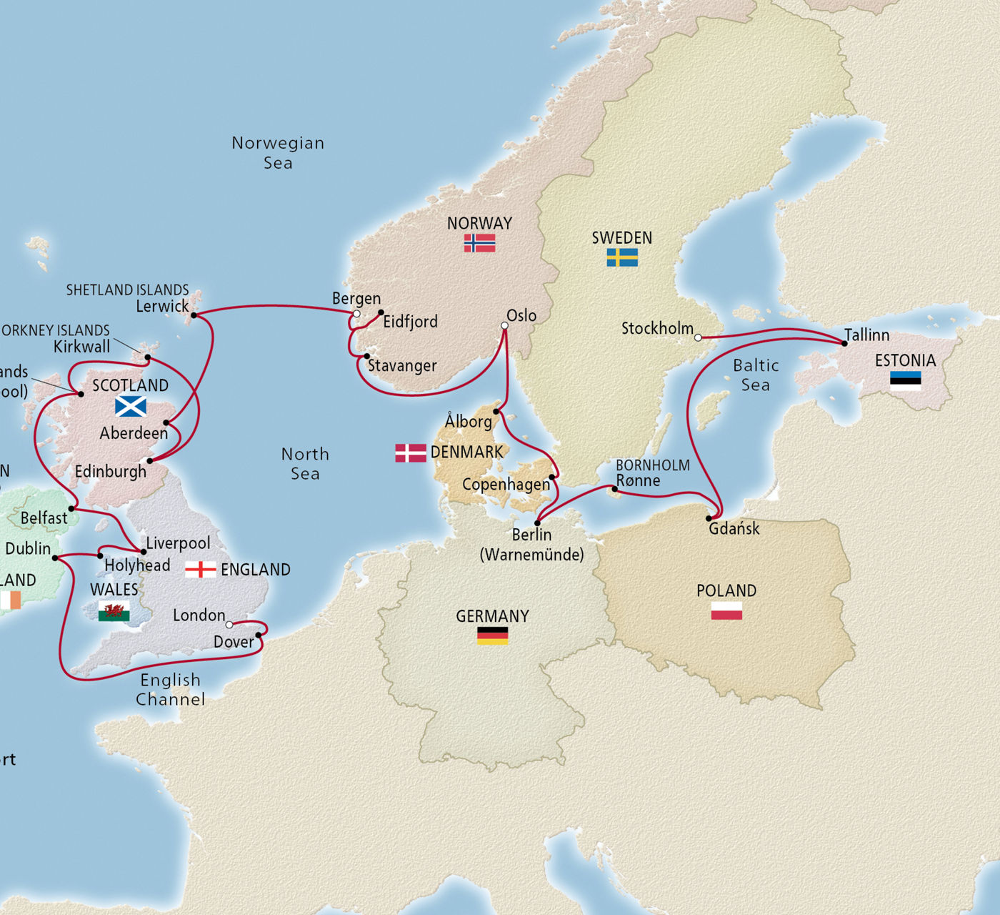 Map of Scandinavia & the British Isles itinerary
