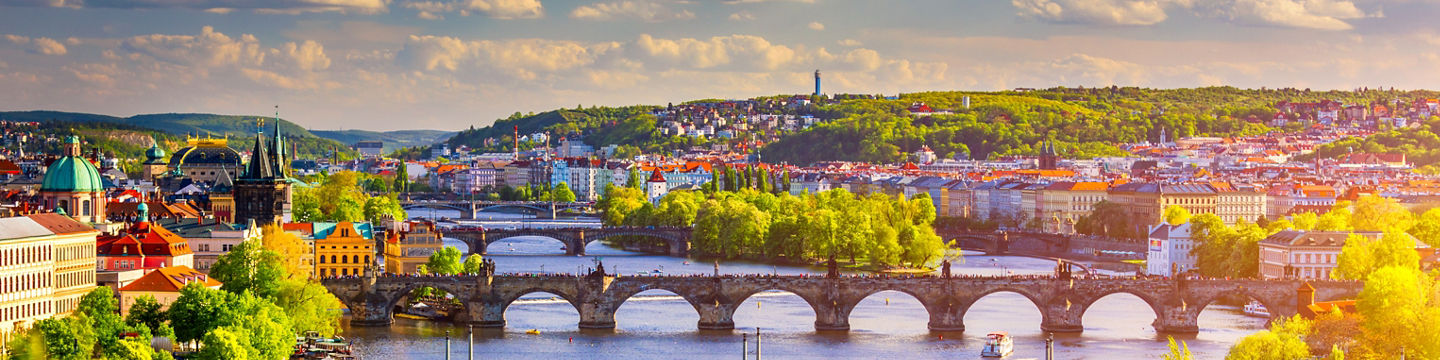 Scenic view of Prague bridges at sunset