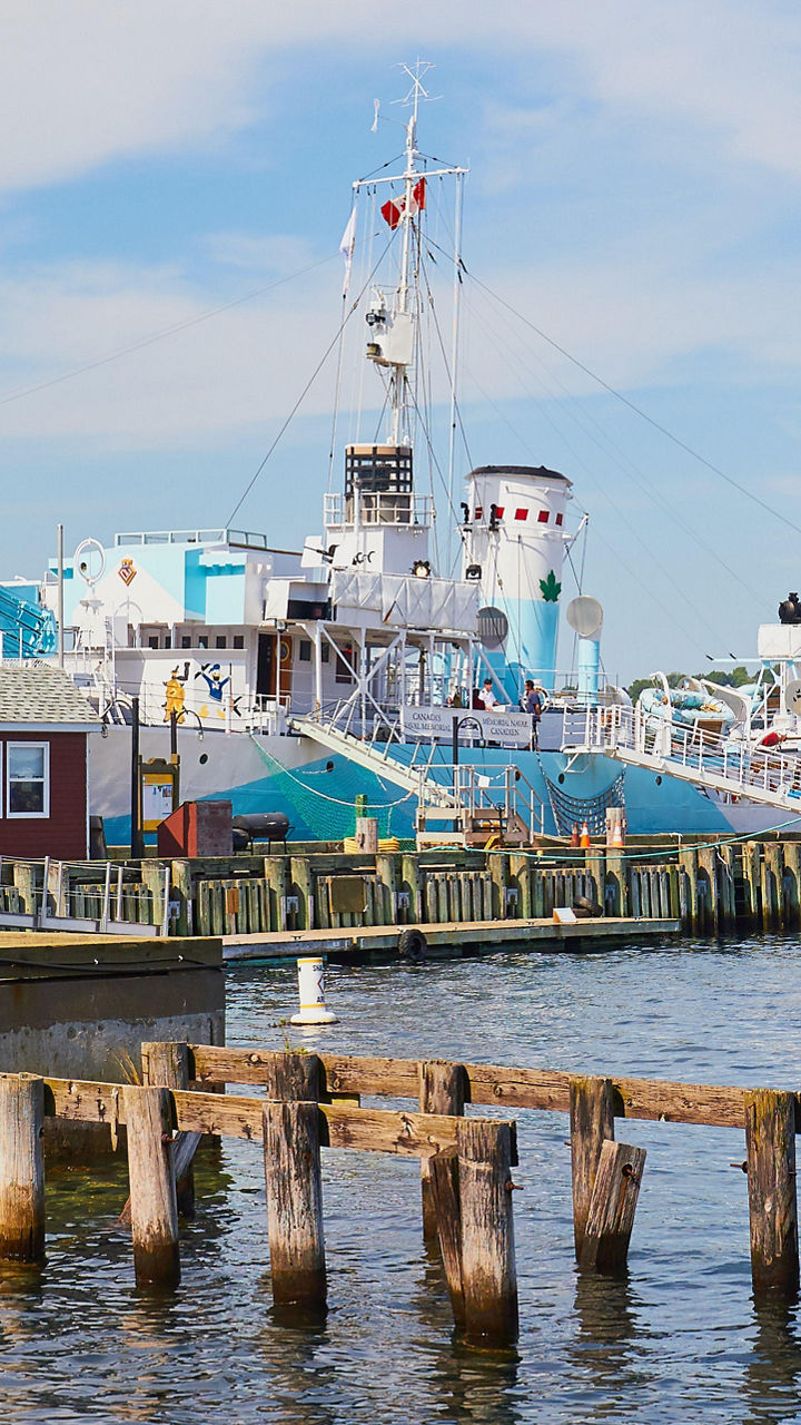 Historic ships docked at scenic harbor