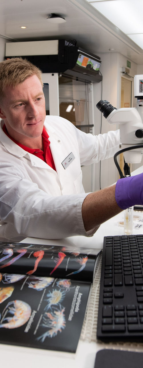 Scientists analyzing microscope images in lab