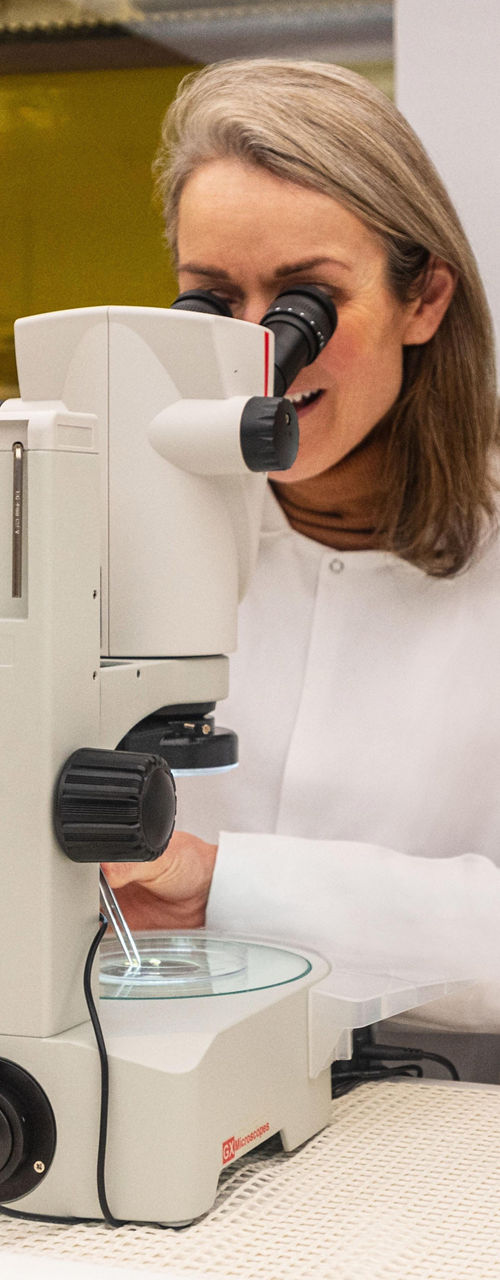 Scientists using microscopes in laboratory setting
