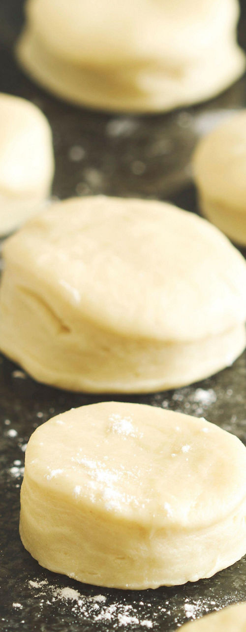 Unbaked biscuit dough rounds on floured counter