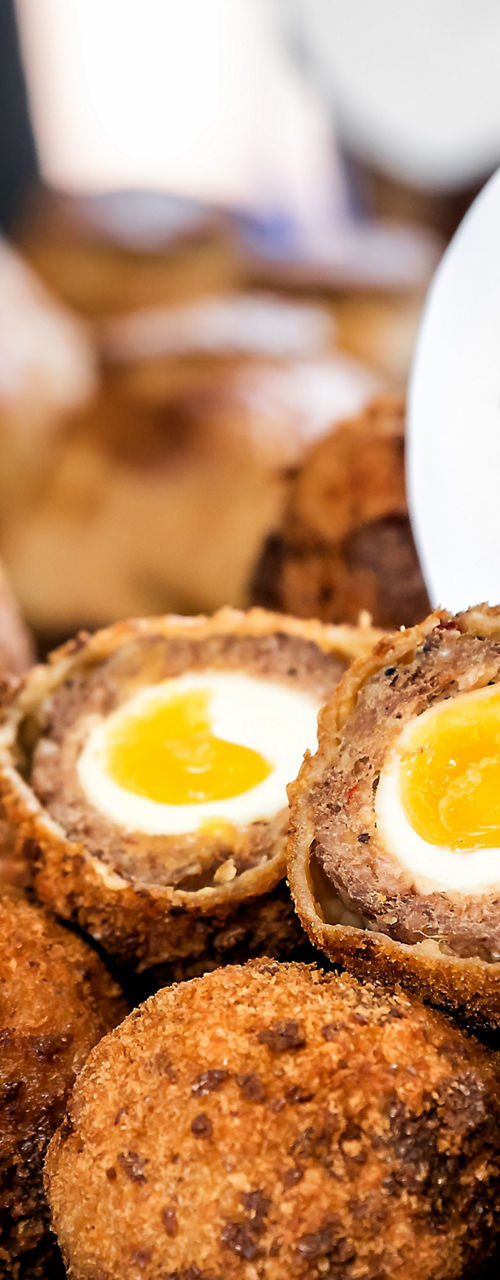 Haggis Scotch eggs in rustic display