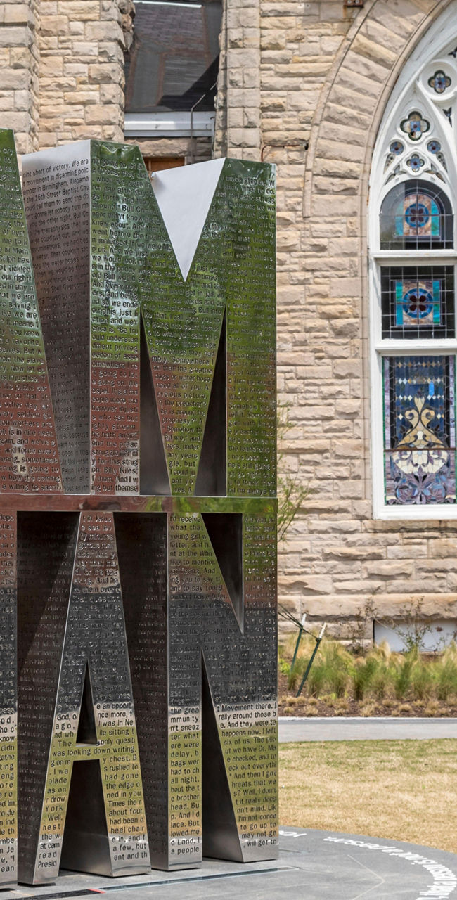 I Am A Man sculpture outside historic church