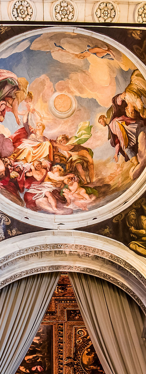 Ornate church ceiling with fresco artwork