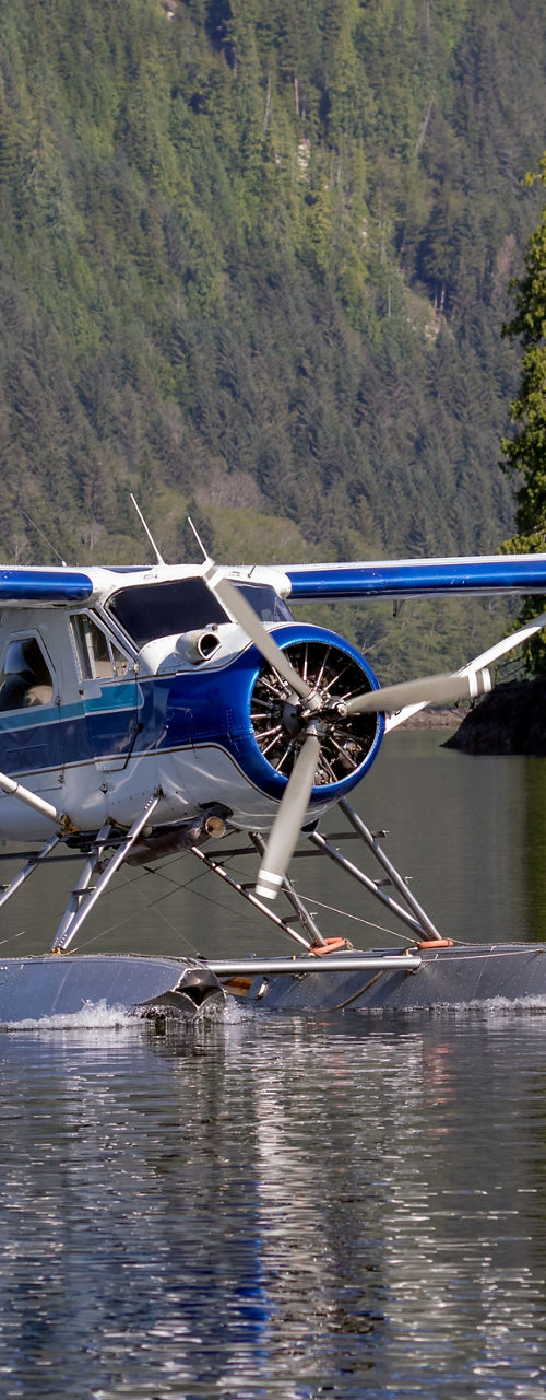 Blue seaplane landing on calm lake
