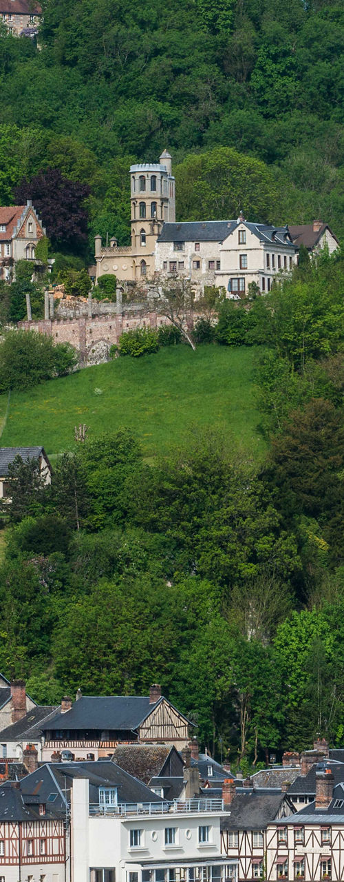 Scenic riverside town with historic architecture