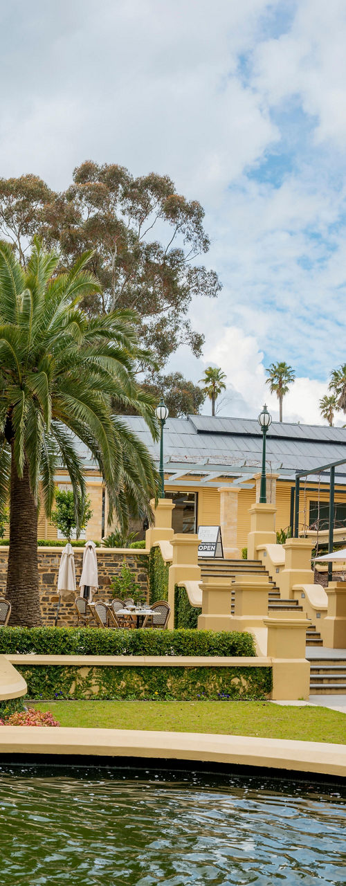 Elegant courtyard with fountain and palm trees