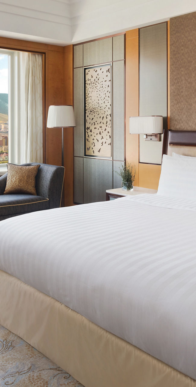 Modern hotel room with scenic city view