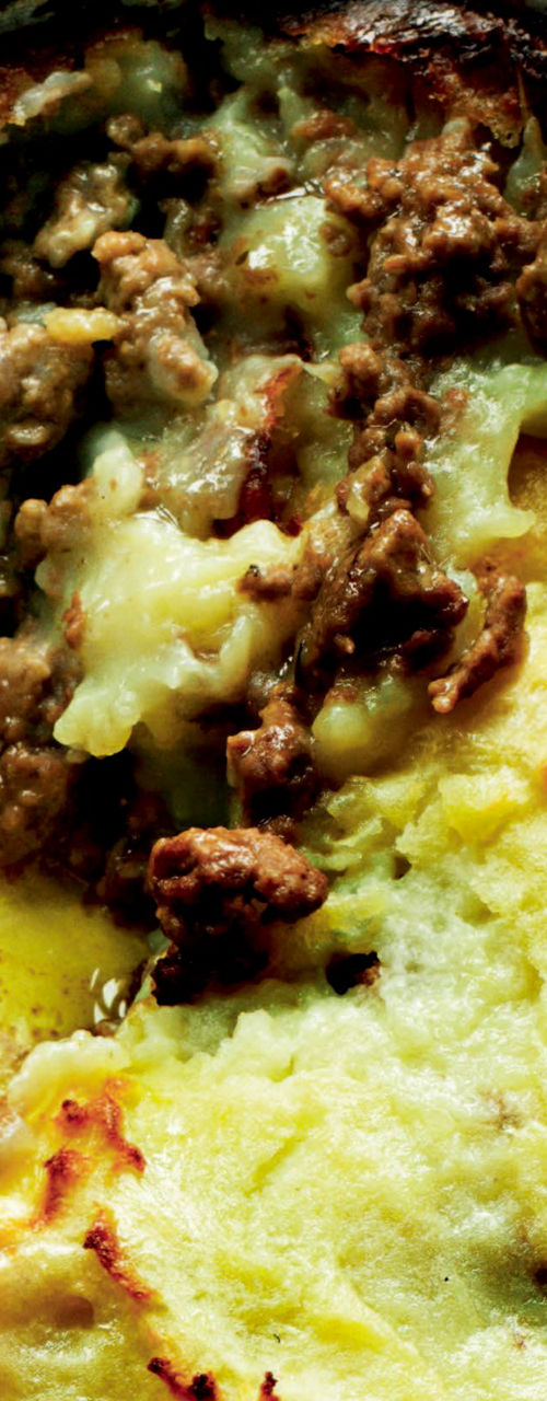 Golden shepherd's pie in rustic setting