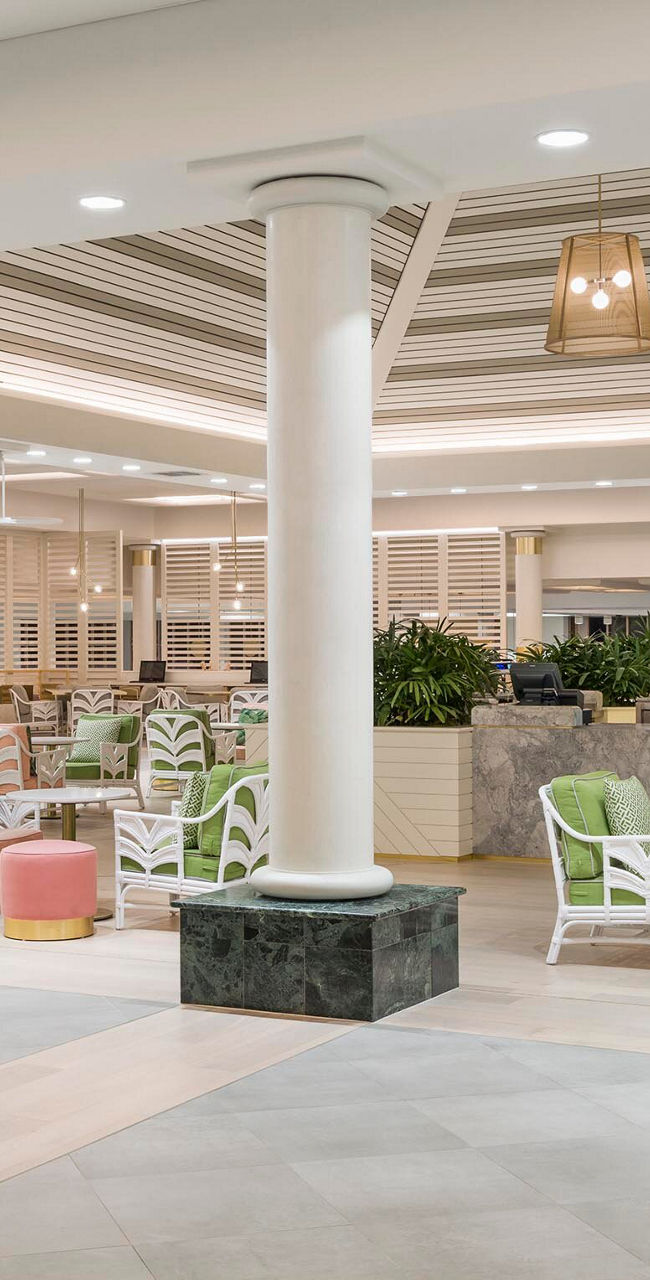 Modern hotel lobby with seating area