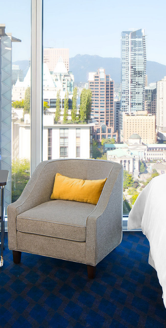 Modern hotel room with city view