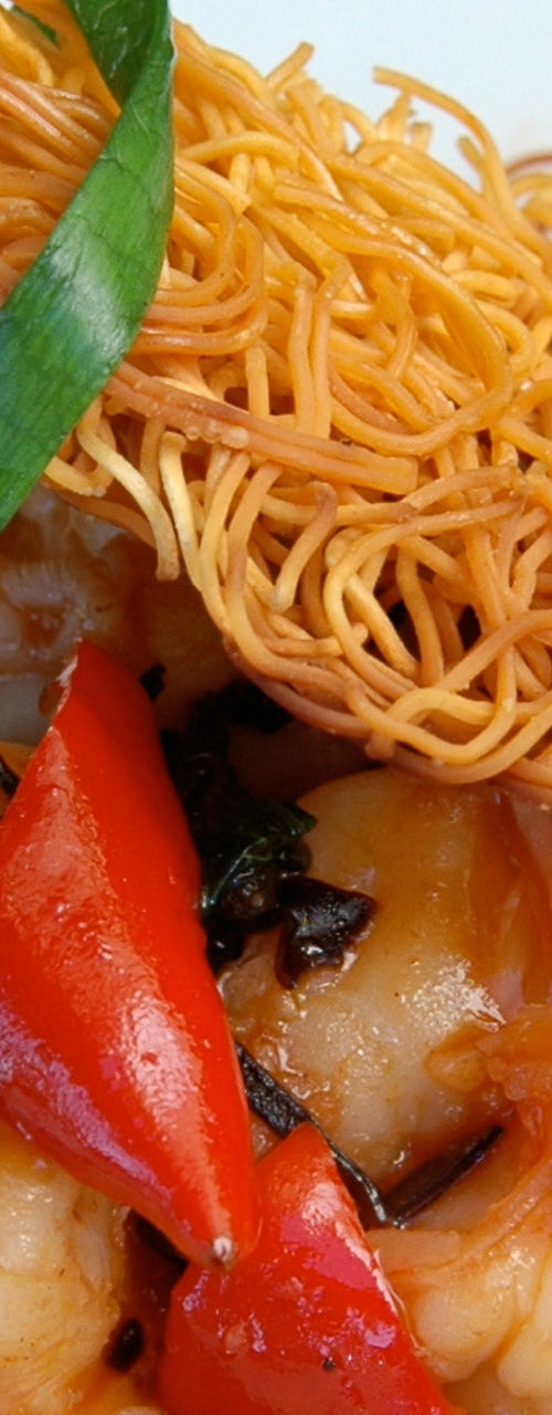 Gourmet shrimp dish with crispy noodles