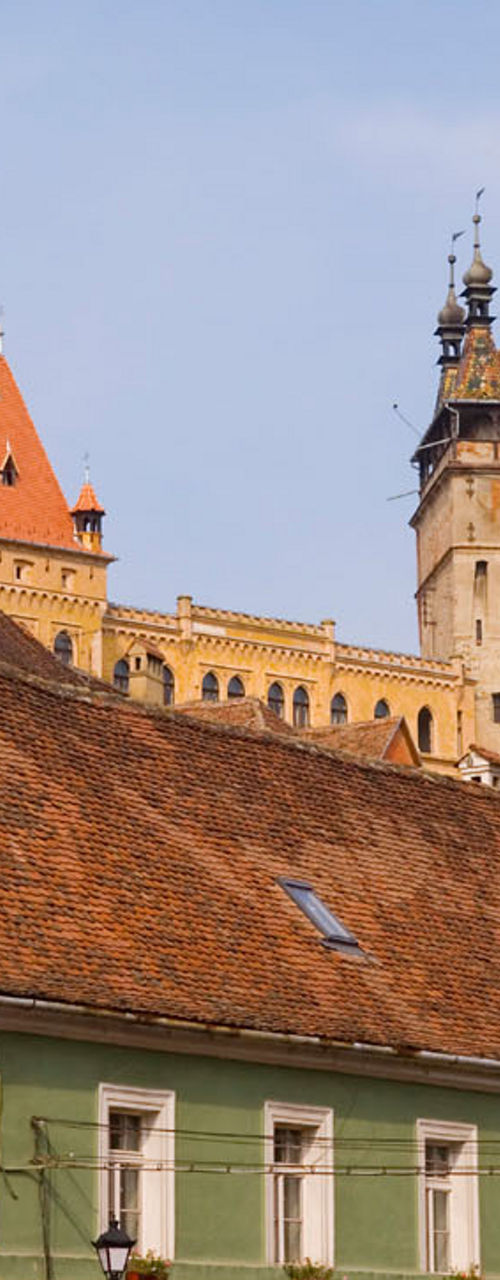 Historic Sighisoara cityscape with clock tower
