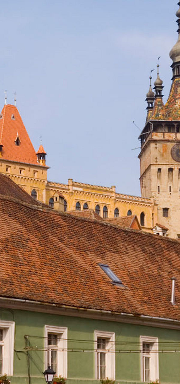 Historic Sighisoara cityscape with clock tower