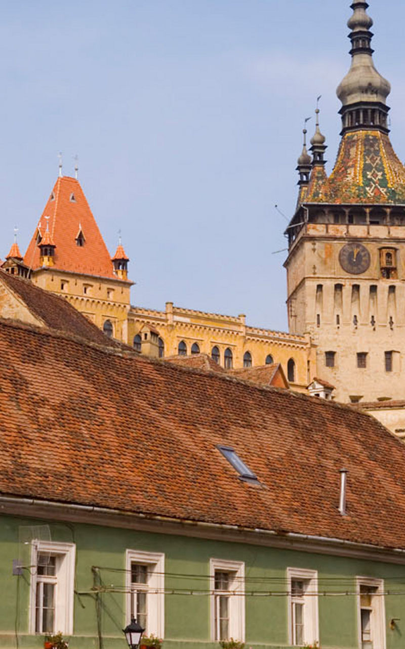 Historic Sighisoara cityscape with clock tower