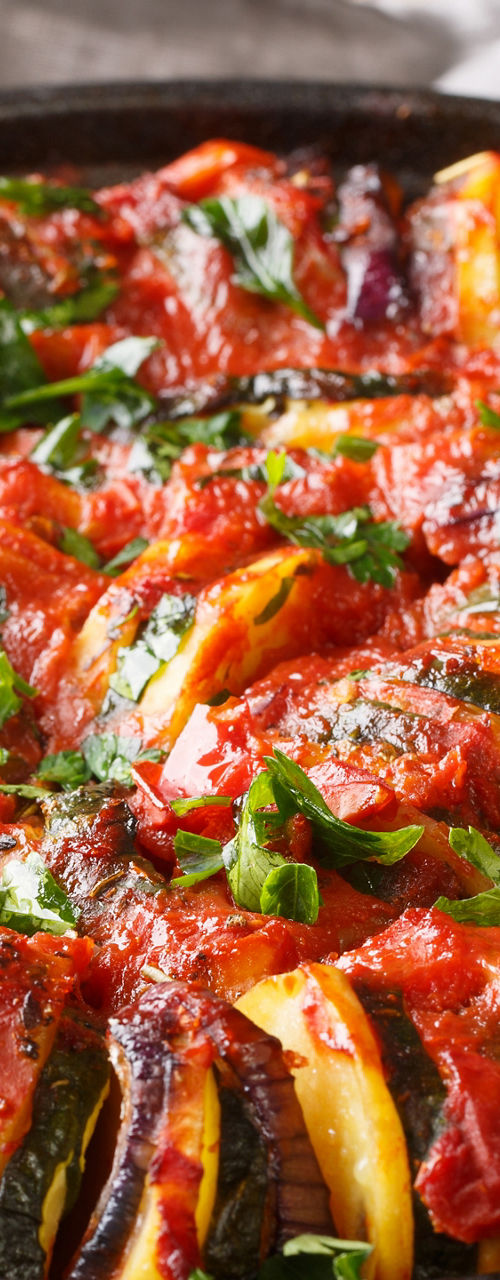 Rustic vegetable ratatouille in cast iron pan