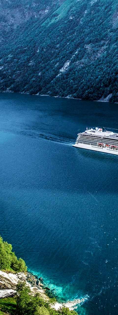Cruise ship sailing through scenic fjord