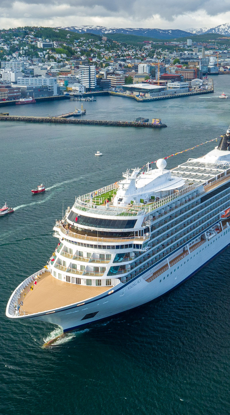 Luxury cruise ship in scenic harbor