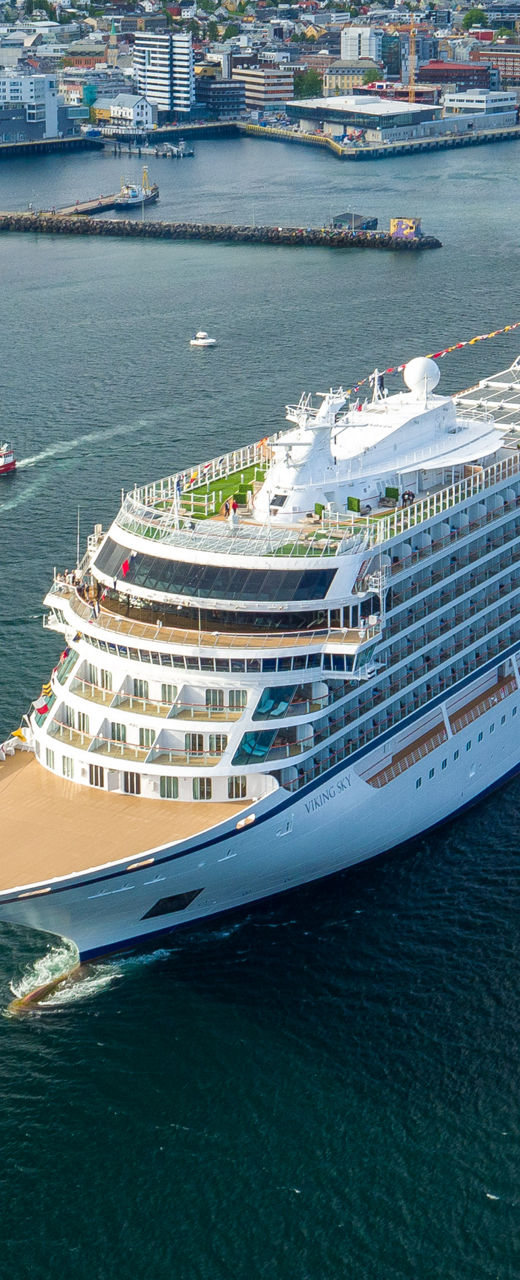 Luxury cruise ship in scenic harbor