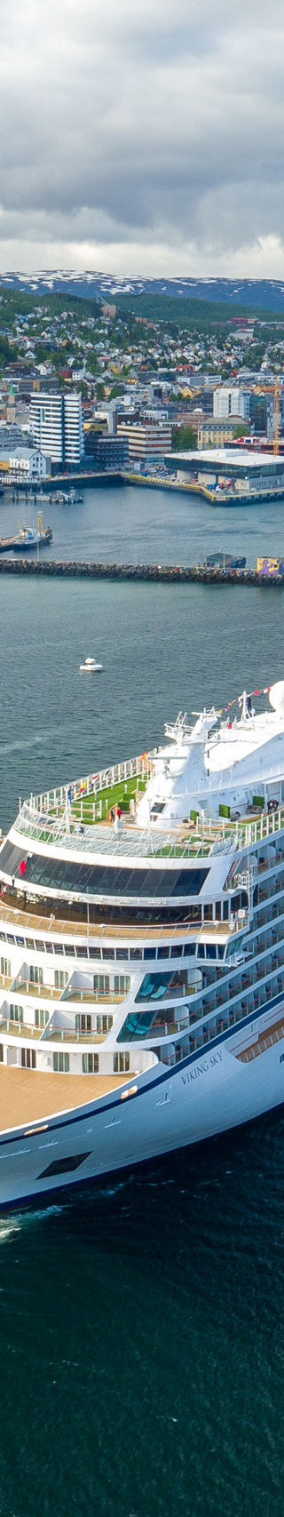 Luxury cruise ship in scenic harbor