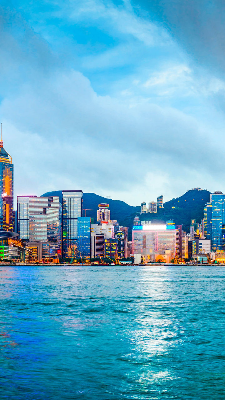 Panoramic view of Hong Kong skyline at dusk