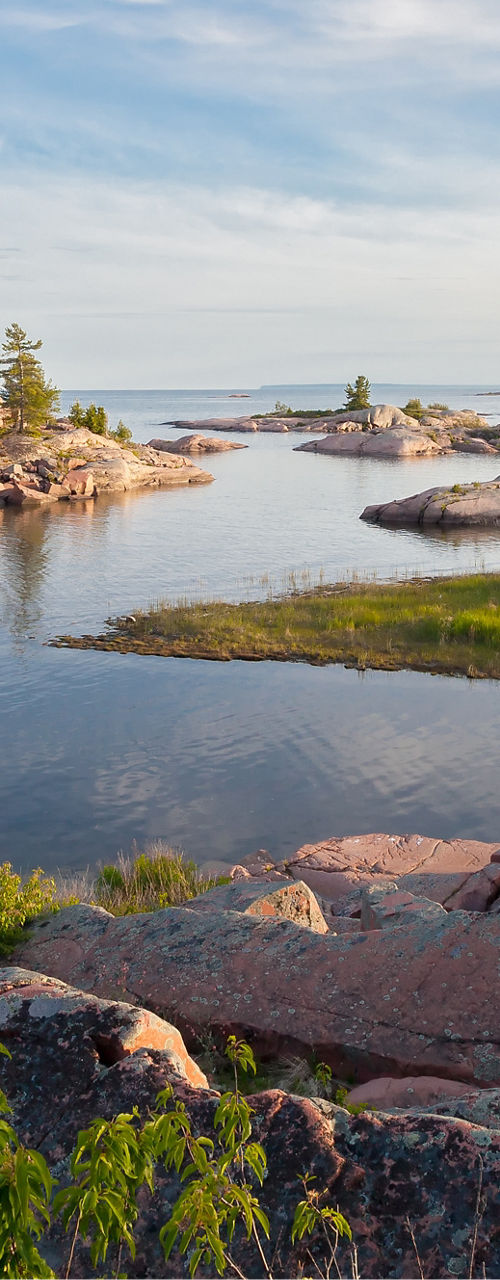 Scenic lake view with rocky islands