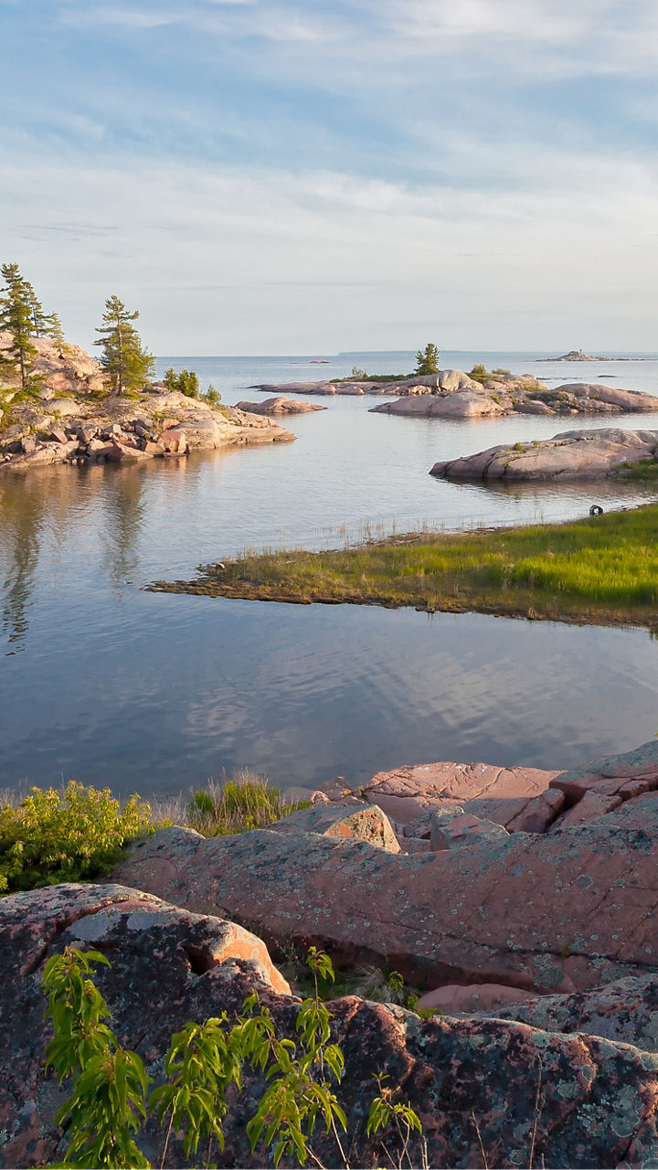 Scenic lake view with rocky islands