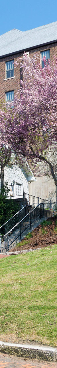 Springtime view of historic brick building