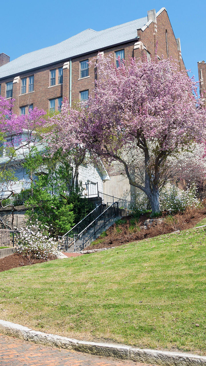 Springtime view of historic brick building