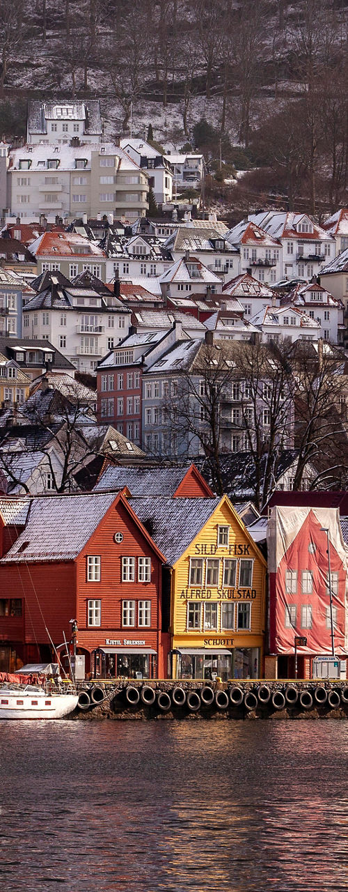 Colorful waterfront houses in snowy Bergen