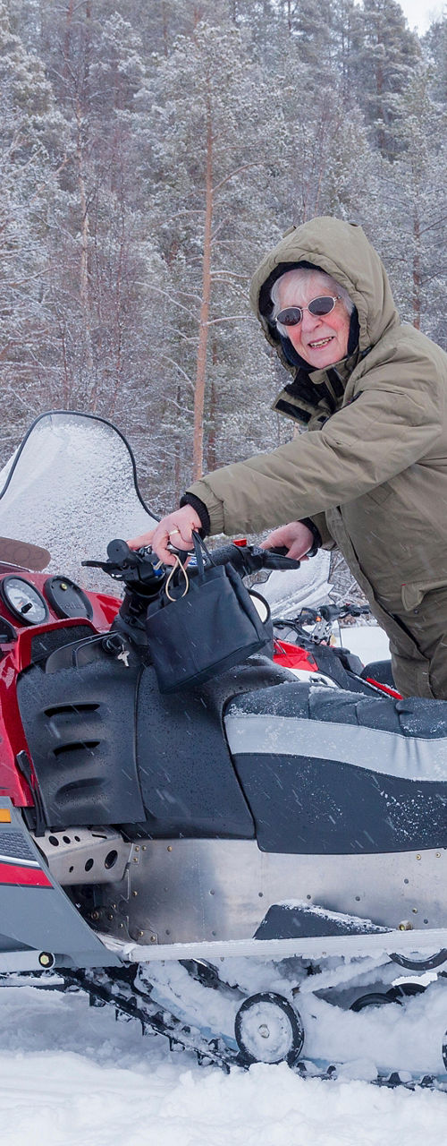 Person on snowmobile in winter landscape