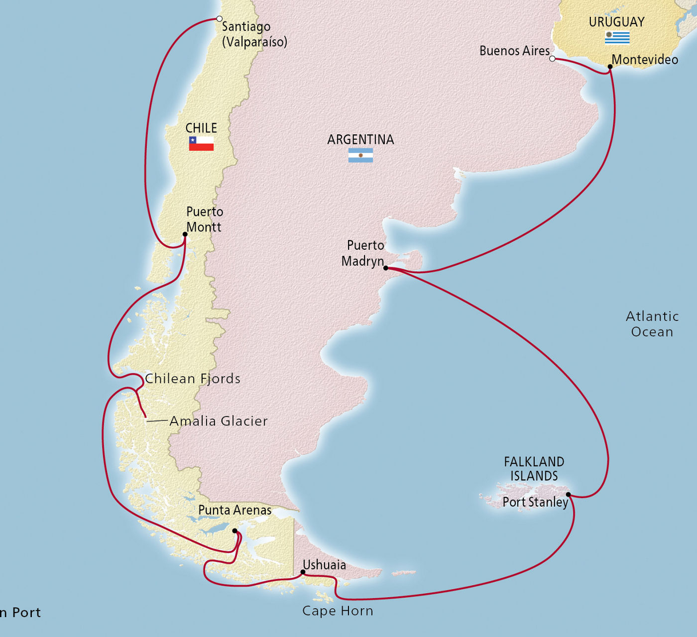 Map of South America & the Chilean Fjords itinerary