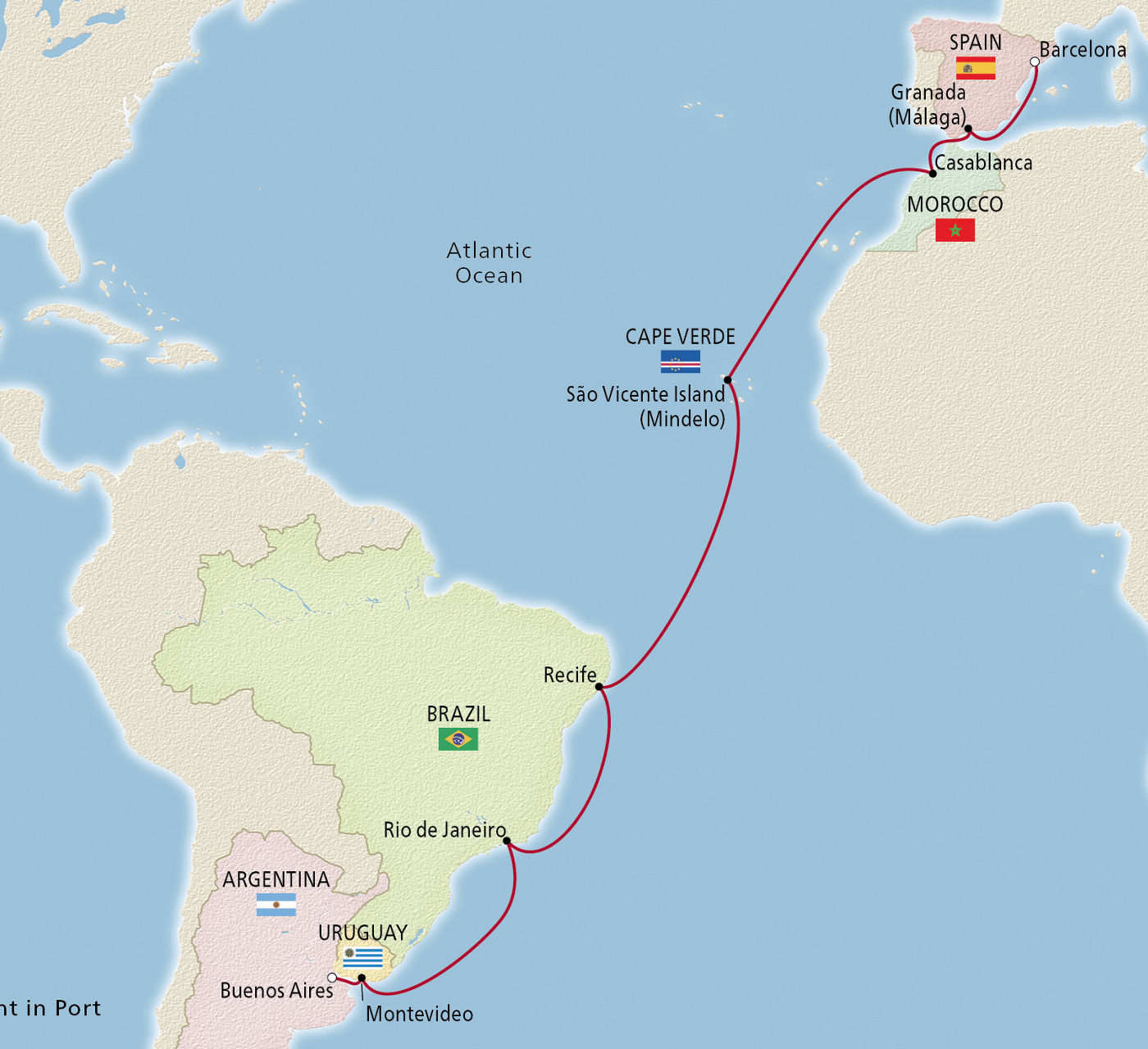 Map of Southern Atlantic Crossing itinerary