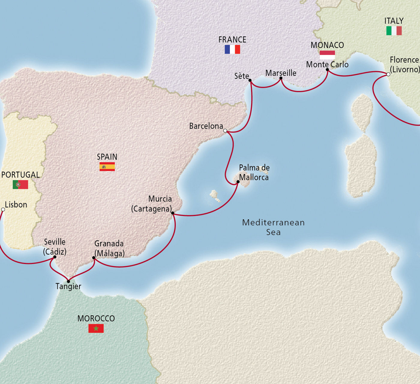Map of Spain, Portugal & the Mediterranean itinerary