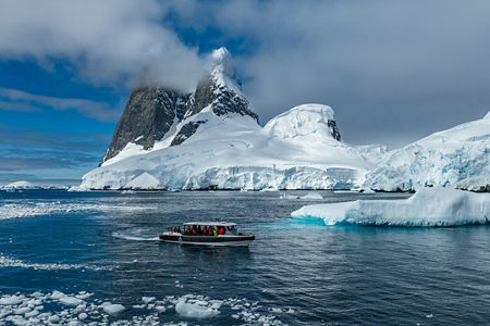 Tourist boat in icy Antarctic waters