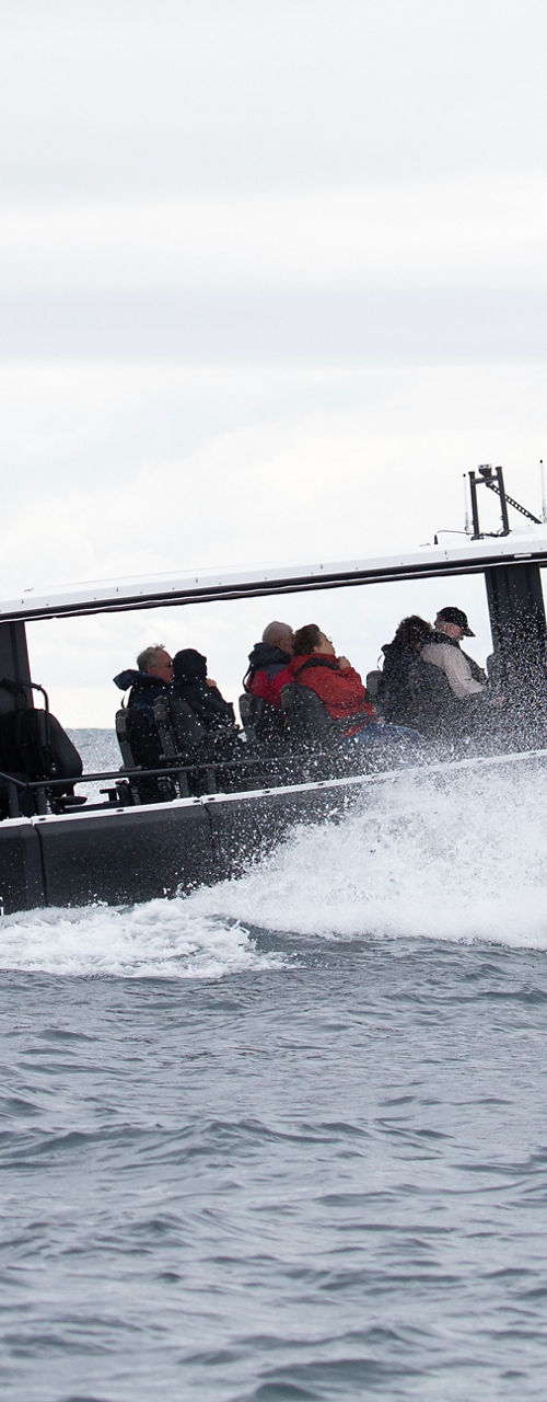Speedboat with passengers on open water