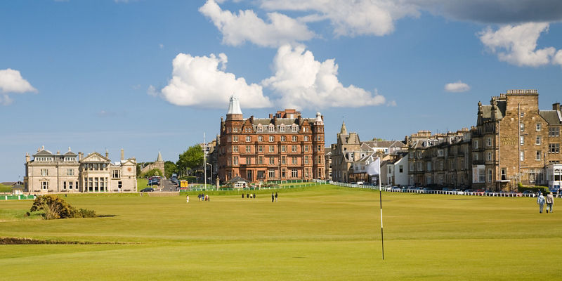 Historic golf course with scenic architecture