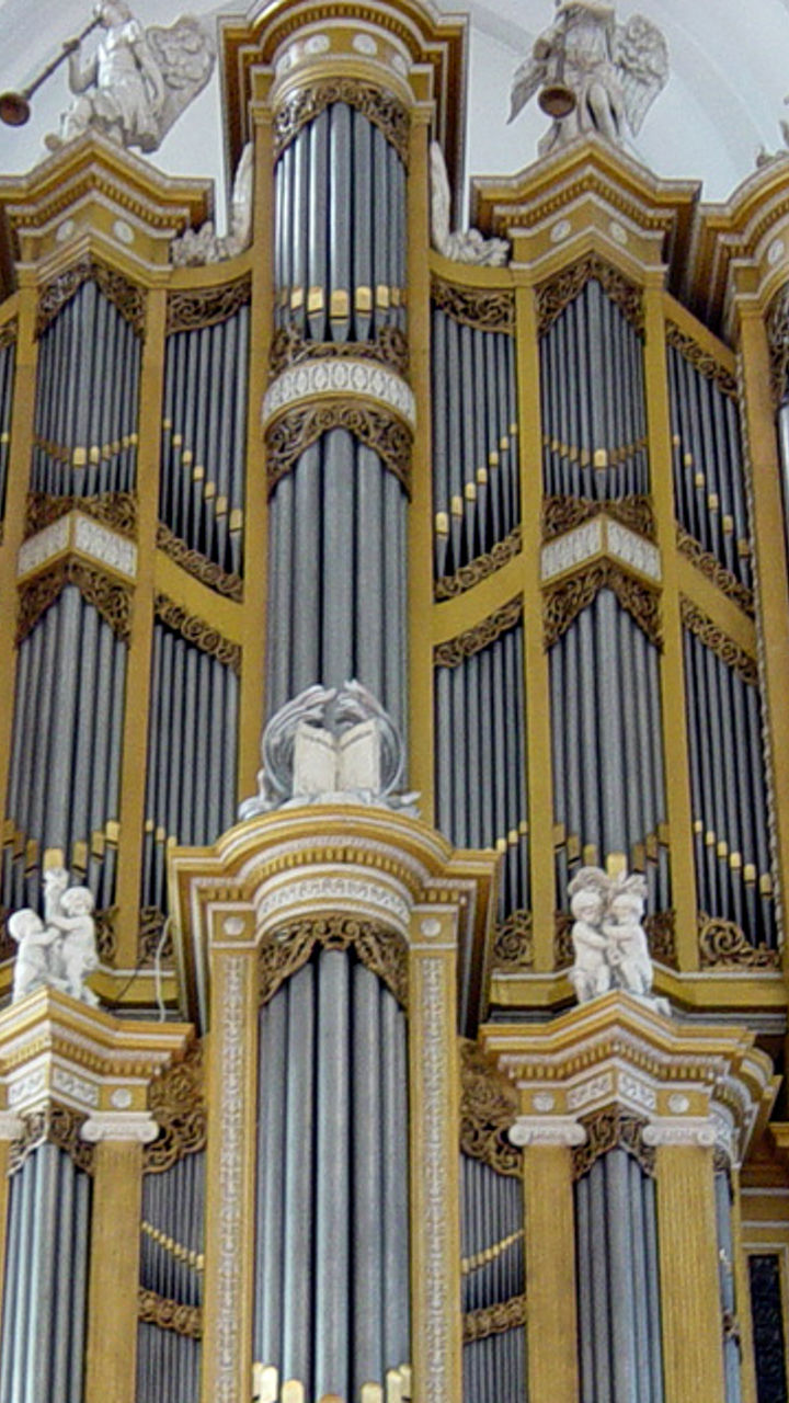 Grand pipe organ in ornate cathedral