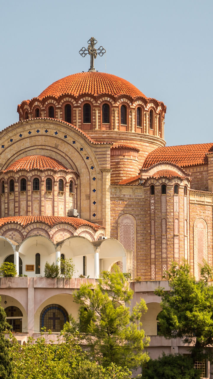 Historic Byzantine-style church on hillside