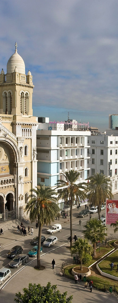 Cityscape with tram and cathedral view