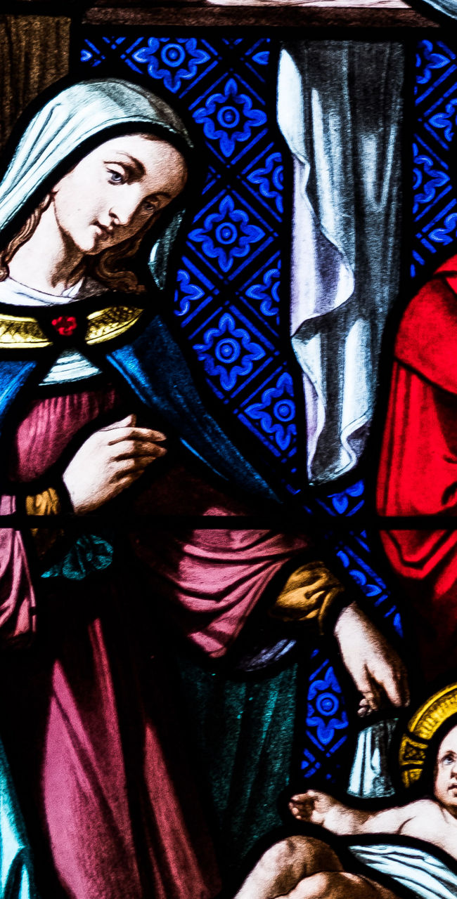 Nativity scene in stained glass artwork