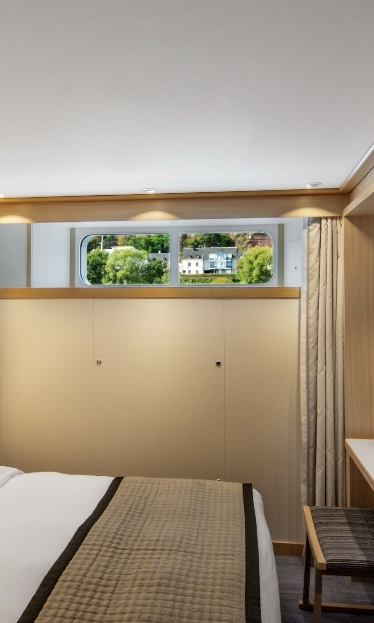 Modern hotel room with scenic view