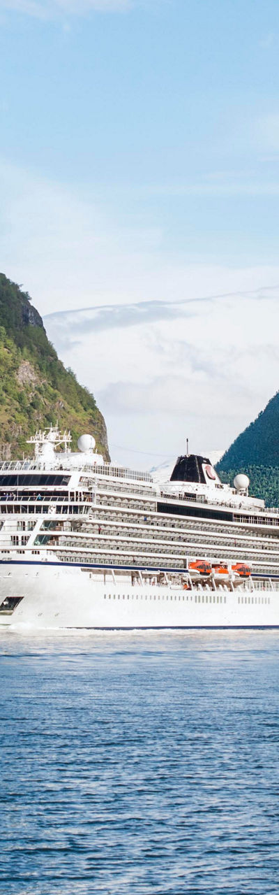 Cruise ship sailing through scenic fjord