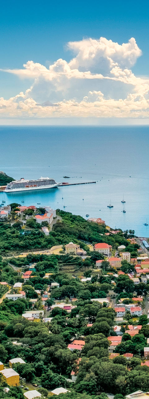 Scenic Caribbean harbor with lush green hills