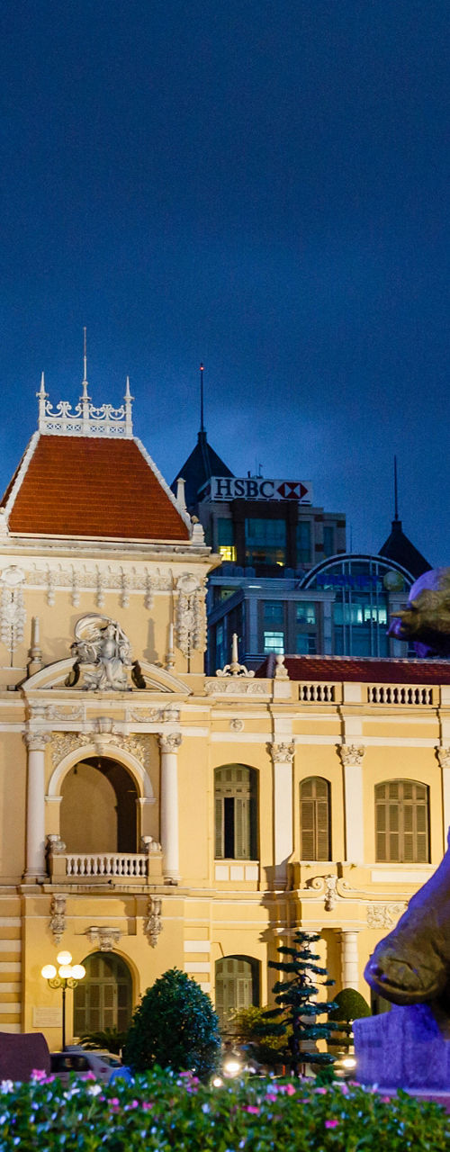 Historic building with statue at night