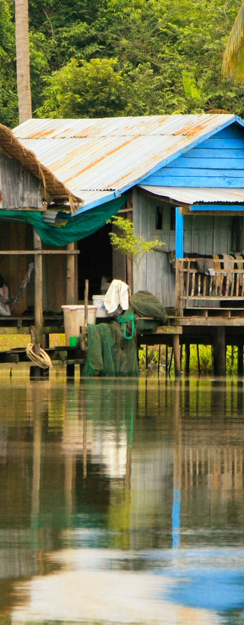Rustic waterfront huts surrounded by lush greenery