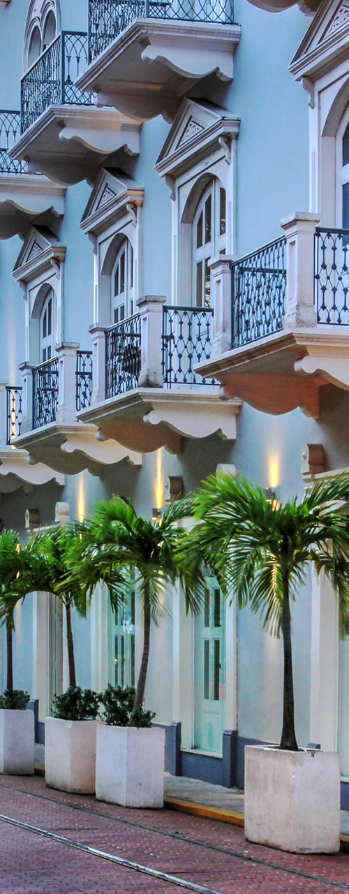 Historic street with colonial architecture at sunset