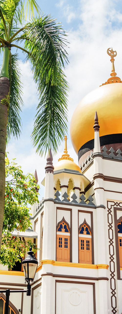 Golden-domed mosque with palm trees